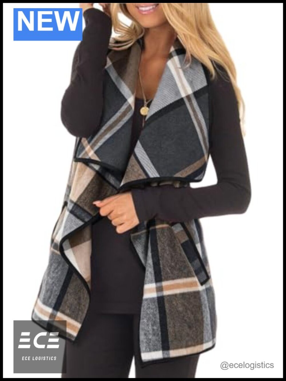 Plaid Vest Lapel Open Front Sleeveless Cardigan with Pockets